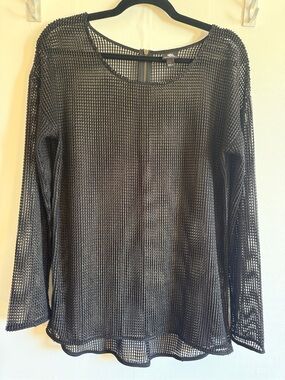 Rock & Republic Black Open Knit Mesh Sweater Medium Sheer Zip Back